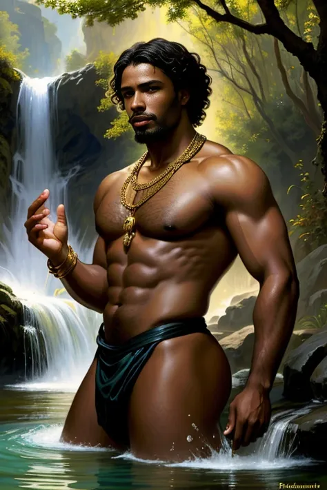 painting of an strong ebony african man, golden skin in the  sun, green eyes, fleshy lips, taking a bath in a Beautifull  crystal clear waterfall , nude hairy chest, hot and sexy african man, inspired by François Joseph Heim, by François Bocion, inspired b...