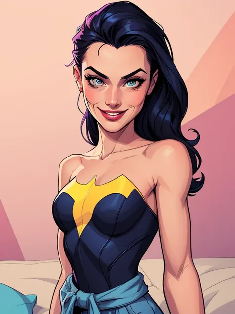 Batgirl portrait mode sensual sesys style Cartoon style digital illustration together boyfriends Cartoon style character portrait mode Cartoon style character facial expression happy beautiful smile and six medium small portrait mode waist up 