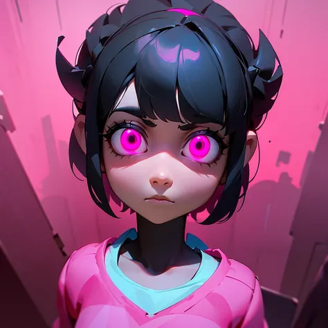 the character Penelope from (Wreck-It Ralph) wearing a pink dress in a dark place with little lighting and with her scared face, 3D animation version