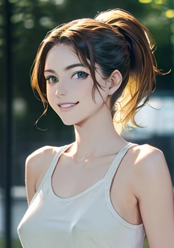 Female((20-years old)), hair((wavey, Golden brown)), Eyes((smart Eyes, Green)), Clothes(London Fashion Week, light white), Smiling, Breast Out, Ponytail, Accessories, covered nipples,visible nipple