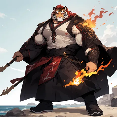 (淡红色tiger),(烈焰红General战袍),Holding a spear,Powerful gesture,Stand confidently and proudly,(The background is the endless sea:1.2),abdominal muscles,Heroic Stance飒爽,完美的masterpiece,Various facial details,Perspective from a distance,specific description,master...