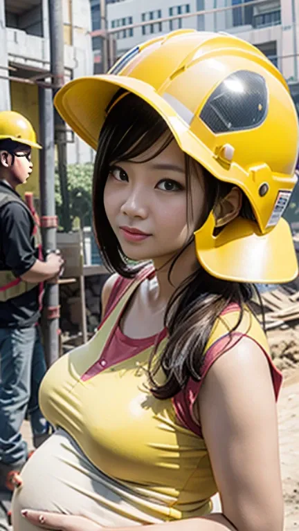 on construction site，Pregnant 30-year-old Taiwanese woman wearing yellow helmet，Half-length photo，pregnant belly