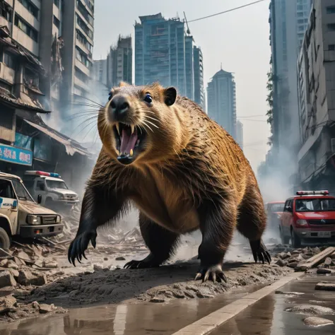 (kaiju Capybara themed:1.1), Beijing, cityscape, skyline, destruction, chaos, scared citizens, fleeing people, tall buildings collapsing, smoke and dust, frightened faces, emergency services, police sirens, chaos in the streets, chaos in the sky, giant cre...