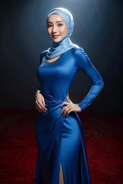 Masterpiece, best quality, beautiful mature Indonesian girl wearing a hijab and wearing a transparent satin dress, blue and blood red, passionate gaze with a sweet smile, dynamic perfection, smooth, sharp focus, illustration, art, facial details, 4k, heave...