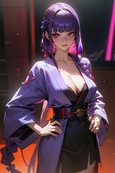 1 girl, Blunt bangs, Braiding, Wide sleeves, hair ornaments, kimono, Red belt, (Purple Hair:1.2), Very long hair, Straight hair, Looking at the audience, Highly detailed background, (Realistic:1.2), Beautiful Eyes, Red eyeshadow, Written boundary depth，thi...