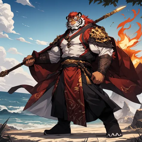 (淡红色tiger),(烈焰红general战袍),holding a spear,powerful gesture,stand confidently and proudly,(the background is the endless sea:1.2)...