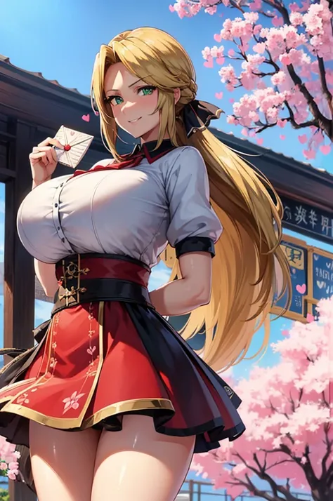 8K(A sloppy smile, the face we are looking for, Mischievous face:1.9)8K(((((handing over a love letter:1.5)))))((woman,, (Huge breasts:1.8),Are fat,とても唇が赤いHuge breastsを強調,Big Ass,Narrow waist,Long legs,Green Eyes立っている)) 8k((((Anime Style),(The facial expre...