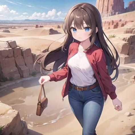 A Pretty Girl, with Long Dark-Brown hair, Beautiful Blue eyes, wide hips, medium Breasts, and is slightly muscular. Wearing a Red Shirt, worn Jeans with a Leather Belt, and Dark-Grey Boots. She is walking in the Desert, so her clothes are dusty and have a ...