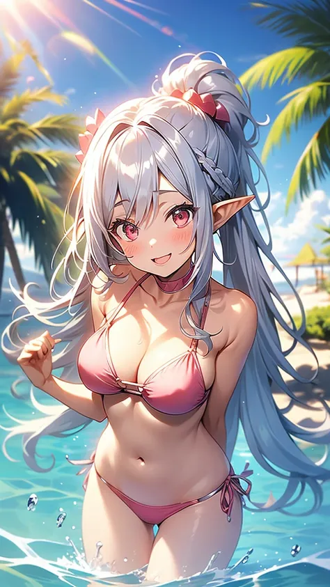 An elf woman, very dark tanned skin, beautiful silver hair, cute bikini with frills, nipple protrusions, pussy cleft, pointed ears, beautiful red eyes, pink lips, staring at the viewer, Embarrassed face, smile, open mouth, looking up at the viewer, summer ...