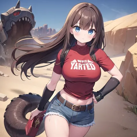 A Pretty Girl, with Long Dark-Brown hair, Beautiful Blue eyes, wide hips, medium Breasts, and is slightly muscular. Wearing a Red Shirt, worn Jeans, a Leather Belt with a “Colt-Python Revolver” on it, and Dark-Grey Boots. She is walking in the Deserts of N...