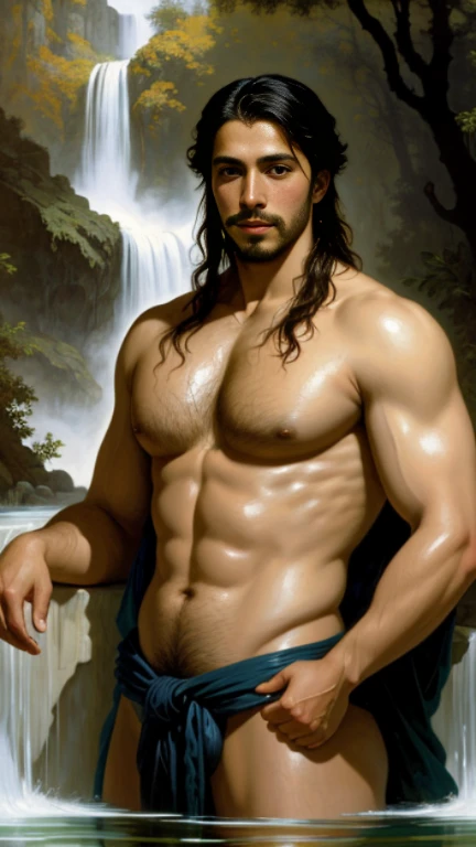 painting of a two strong asian man, golden skin in the sun, fleshy lips, bathing in a Beautifull crystal clear waterfall, nude and wet hairy chest, hot and sexy asian man, inspired by François Joseph Heim, by François Bocion, inspired by Carl Heinrich Bloc...