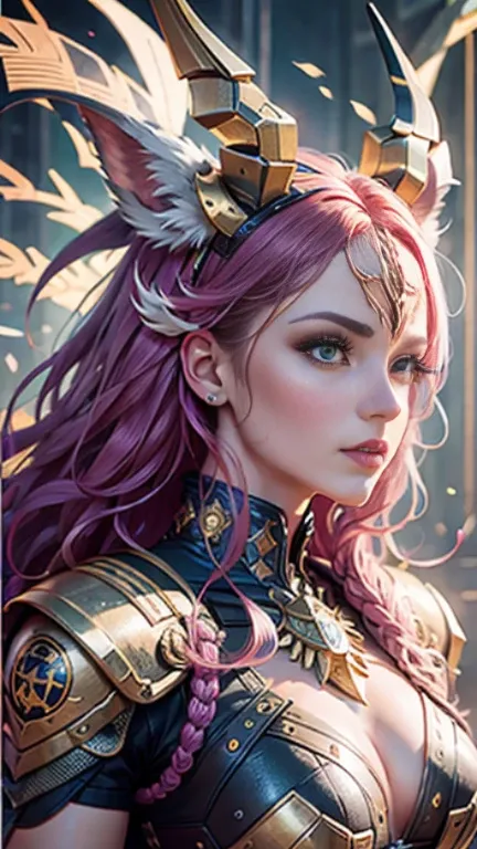 An animal with a human head and golden horns, Dragoon portrait, Mystic Anubis Valkyrie, Long legs, cyber armor, Golden Boot, Highly detailed fantasy characters, 8k detail fantasy,