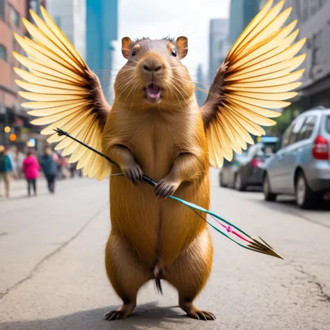 (a cute, happy, winged capybara shoots humans with his love themed bow and arrow) he flits around a busy city helping young women find love