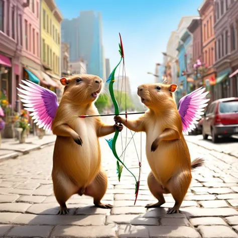 (a cute, happy, winged capybara, love-themed bow and arrow), bustling city, young women, finding love, vibrant colors, whimsical atmosphere, charming smiles, fluttering wings, joyful expressions, arrow of love, love-struck, magical moments, enchanting enco...