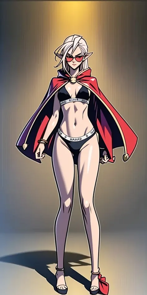 Full body, masterpiece, female drow elf purple skin standing pose (yellow tiger bikini), red cape, red bikini, long white hair, strong body, abs, Ultra Quality, Shiny Skin, Atmospheric, 8K, Cinematic, ((streaked hair, simple background, round eyewear, nd))...