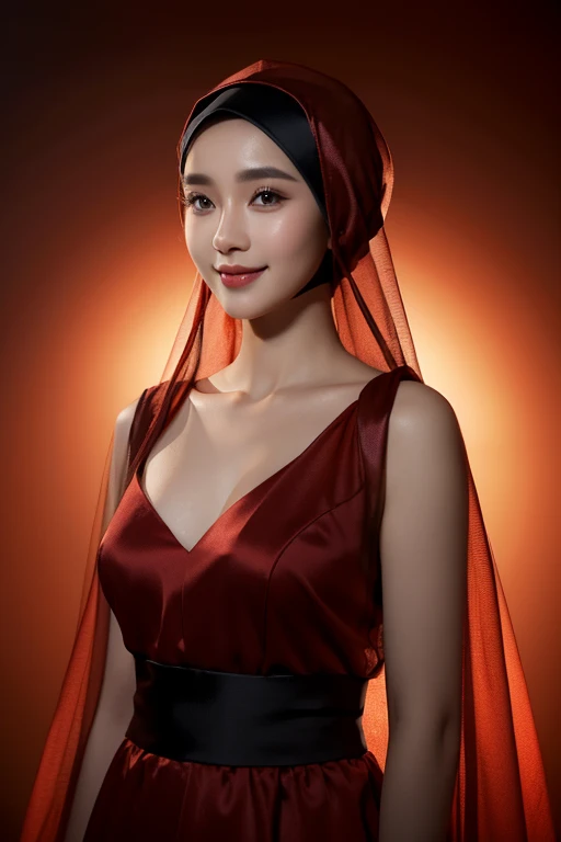 best quality, beautiful Indonesian girl wearing a transparent satin hijab, rose red mixed with black, passionate gaze with a sweet smile, dynamic perfection, smooth, sharp focus, illustration, art, facial details, 4k, heavenly palace background, brownish e...