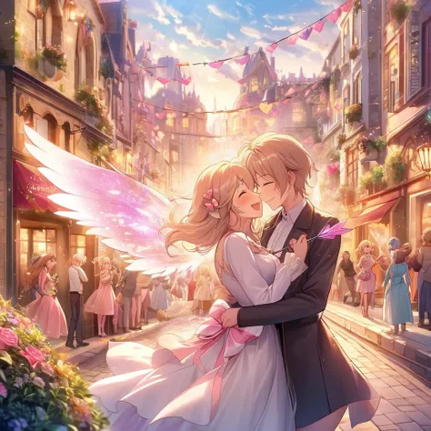 (a cute, happy, winged capybara, love-themed bow and arrow), bustling city, young women, finding love, vibrant colors, whimsical atmosphere, charming smiles, fluttering wings, joyful expressions, arrow of love, love-struck, magical moments, enchanting enco...