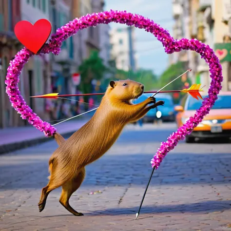 (a cute, happy, winged capybara, love-themed bow and arrow), bustling city, young women, finding love, vibrant colors, whimsical atmosphere, charming smiles, fluttering wings, joyful expressions, arrow of love, love-struck, magical moments, enchanting enco...