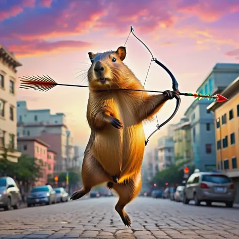 (a cute, happy, winged capybara, love-themed bow and arrow), bustling city, young women, finding love, vibrant colors, whimsical atmosphere, charming smiles, fluttering wings, joyful expressions, arrow of love, love-struck, magical moments, enchanting enco...