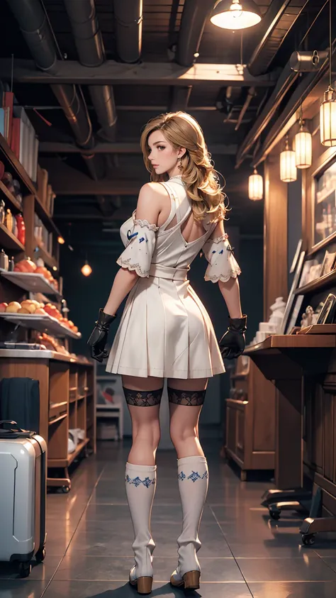 ((highest quality)), ((masterpiece)), ((One girl)), alone, ferry, ((Long Hair)), ferryBase, ((Knee socks)), Exposing shoulders, ((jewelry)), ((No sleeve)), White Dress, Blue Skirt, ((gloves)), Up to the thighs, From behind.