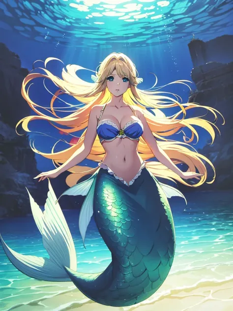 violet evergarden, mermaid, underwater, masterpiece, best quality, 1girl, solo, blonde hair, long hair blue eyes, extra large breasts, bra, looking at viewer, green mermaid tail,