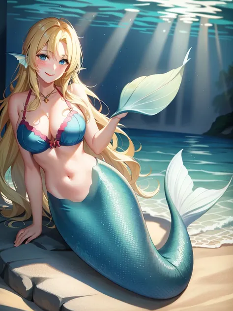 mermaid, blonde hair, long hair, wavy hair, blue eyes, red lips, smile, blush, large breasts, bra, underwater, green mermaid, mermaid tail, 