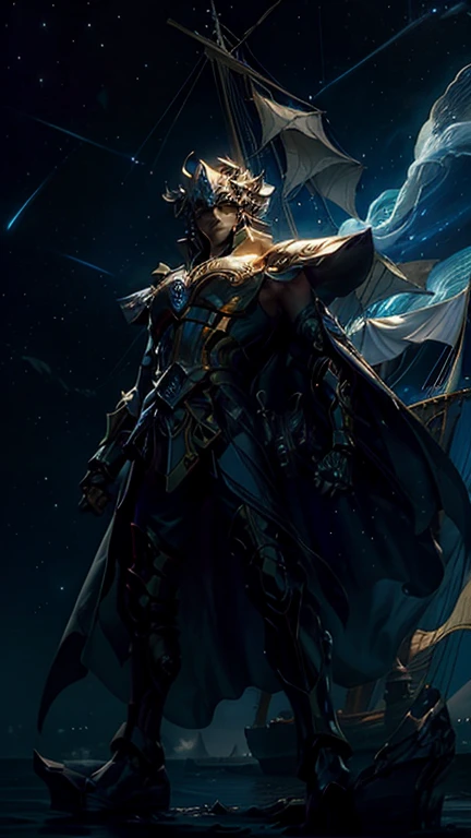 Generate an image "Captain of the Soul," Standing proudly on the deck of a majestic ship、A charismatic and enigmatic figure, A fantastic ship sailing silently through the star-studded night sky. The hull of the ship、It seems to dance and pulsate with an ot...