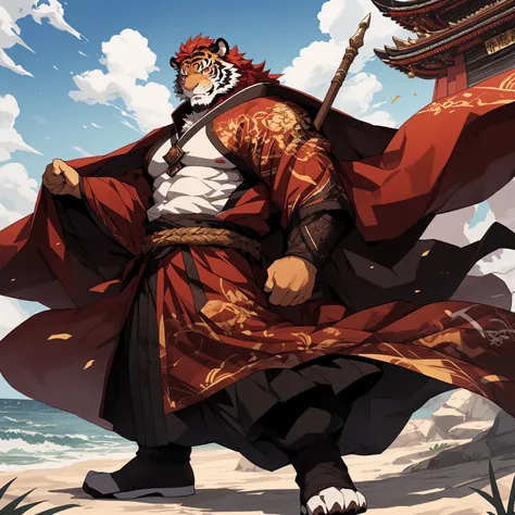 (淡红色tiger),(烈焰红general战袍),holding a spear,powerful gesture,stand confidently and proudly,(the background is the endless sea:1.2)...