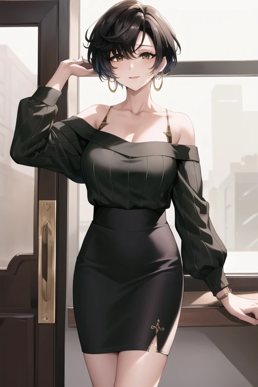 masterpiece, best quality, highres,st1, short hair, hoop earrings, black skirt, wristwatch, off-shoulder sweater, pencil skirt, collarbone, large breasts, cowboy shot, standing