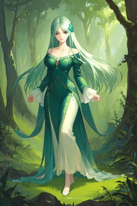 The image should depict a mysterious and enchanting forest or hillside，Full of life and natural elements，like a towering tree、Lush grassland and floating bubbles。The color palette of the scene should be dominated by soft greens and blues，Create a charming ...