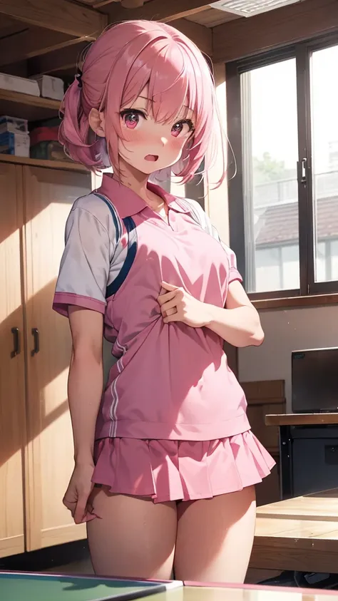 mastute piece,Best Quality,insanely detailed,8k cg,
shoot upper body,
1woman,18age,standing,body in front,looking at viewer,(pink-table-tennis-uniform),break,
blush,shy,(trembling:1.2),pink hair,break,open mouth,indoor-sports-field,