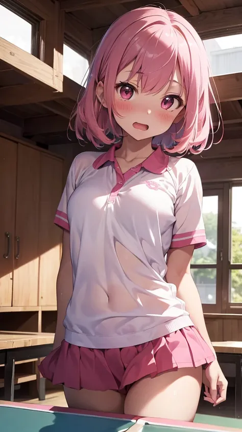 mastute piece,Best Quality,insanely detailed,8k cg,
shoot upper body,
1woman,18age,standing,body in front,looking at viewer,(pink-table-tennis-uniform),break,
blush,shy,(trembling:1.2),pink hair,break,open mouth,indoor-sports-field,