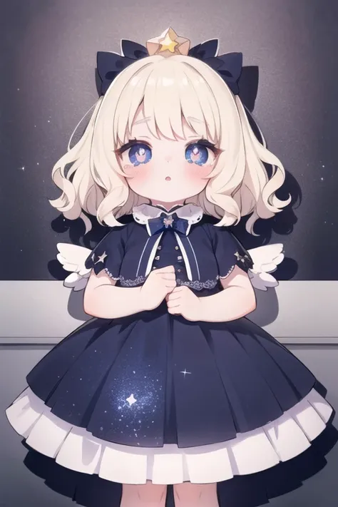 One girl,Princess, (Light blonde hair), Bright Blue Eyes, Short Bob , Shiny Hair, Wavy Hair, Apply blush all over the face,:is,Heart-shaped pupils,Baby Face ,Sparkling in the eye, Head Ribbon ,star ribbon , Ruffled Dress,Long skirt,Sparkling,Adorable,Angel...