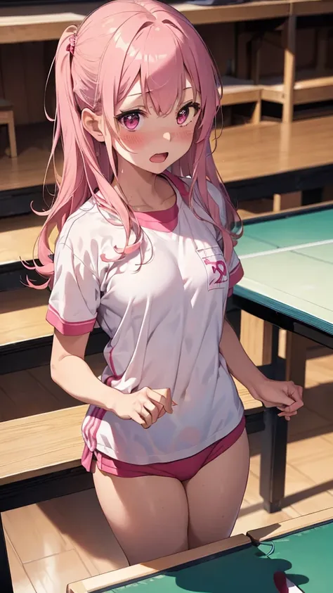 mastute piece,Best Quality,insanely detailed,8k cg,
shoot upper body,
1woman,18age,standing,body in front,looking at viewer,(pink-table-tennis-uniform),break,
blush,shy,(trembling:1.2),pink hair,break,open mouth,large breast,indoor-sports-field,