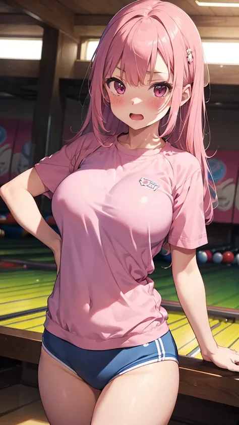 mastute piece,Best Quality,insanely detailed,8k cg,
shoot upper body,
1woman,18age,standing,body in front,looking at viewer,(pink-bowling-uniform),break,
blush,shy,(trembling:1.2),pink hair,break,open mouth,large breast,bowling-alley,