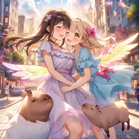 (a cute, happy, winged capybara, love-themed bow and arrow), bustling city, young women, finding love, vibrant colors, whimsical atmosphere, charming smiles, fluttering wings, joyful expressions, arrow of love, love-struck, magical moments, enchanting enco...