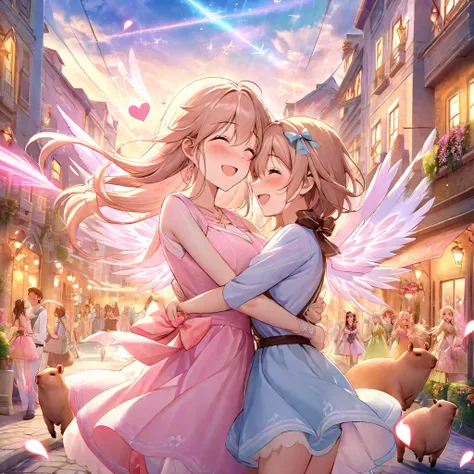 (a cute, happy, winged capybara, love-themed bow and arrow), bustling city, young women, finding love, vibrant colors, whimsical atmosphere, charming smiles, fluttering wings, joyful expressions, arrow of love, love-struck, magical moments, enchanting enco...