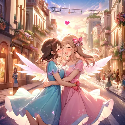 (a cute, happy, winged capybara, love-themed bow and arrow), bustling city, young women, finding love, vibrant colors, whimsical atmosphere, charming smiles, fluttering wings, joyful expressions, arrow of love, love-struck, magical moments, enchanting enco...