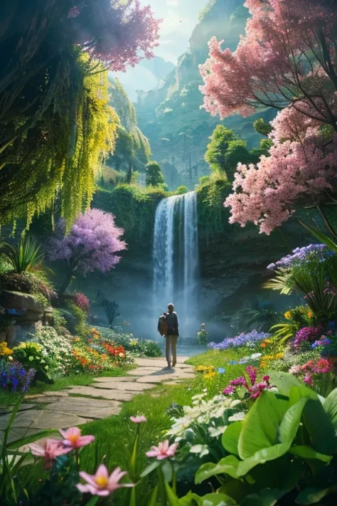 Ultra-Real 8K, Super detailed, (Highest quality digital illustration masterpiece of the Earth floating in space), ((no man)) (Beautiful earth illustration), (Vibrant green nature and vegetation), (flowering plant), ((waterfall)), (bright star), (Hyper Deta...