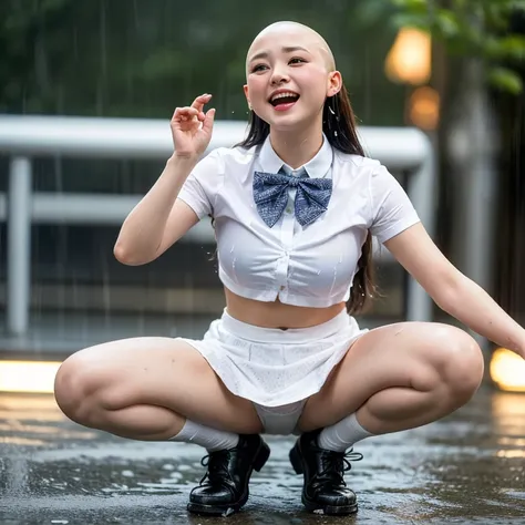 (highest quality、8k、High resolution、masterpiece:1.2)、Young and beautiful woman、(Spread your legs)、(Squat)、(Excited expression)、(White Shirt、A bow tie、mini skirt、white panties)、(Heavy rain:1.55)、(Motion Blur Effect:1.5)、(Wet body)、(Skinhead:1.6)、Busy street...