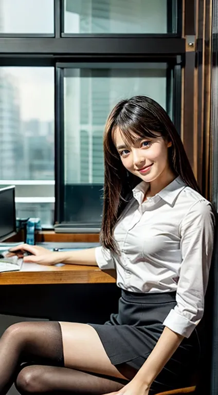 best quality, full body picture, Cinematic textures, exquisite face, Beautiful face, 20 year old woman, smile, Slim shape, small breasts, OL uniform, office Wear, black stockings, Interior Scene, office, sit