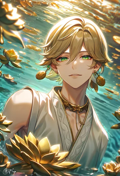 (absurdres, highres, ultra detailed, HDR), master piece, best quality, vibrant green eyes, 1man, handsome face, Taishakuten, ash blond hair, hair between the eyes, white tunic, showing the chest, golden lotus earrings, onmyoji, water, lotus
