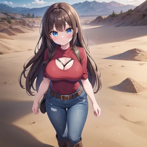 ((Masterpiece)), (Best Quality), (Perfect Lighting), (Perfect Shadows), (Solo), ((Accurately Detailed)),      A Girl, with Long Dark-Brown hair, Beautiful Blue eyes, very wide hips, Large Breasts, and is mildly muscular. Wearing an old weathered Leather Ja...