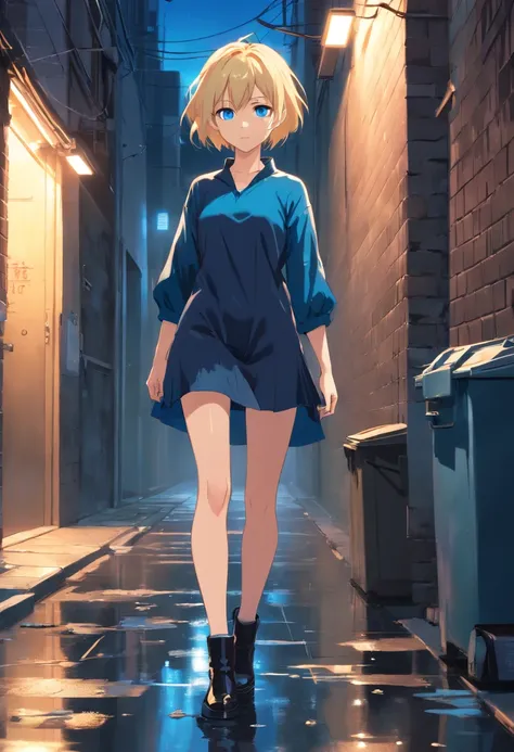 17 years old Women, ((Blonde)), ((Blue eyes)), ((Short hair)), ((Full Body)), in front of a dark alley, wearing a black short dress, High heeled boots, ((Full Body)). wet floor