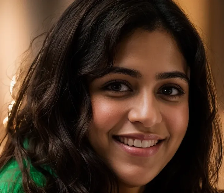 smiling woman with long dark hair and green shirt holding a cell phone, sara ali, faridah malik, front portrait, medium close up portrait, close - up portrait shot, portrait image, mid shot portrait, photo taken with nikon d 7 5 0, photo taken with nikon d...