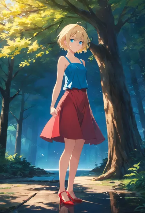 17 years old Women, ((Blonde)), ((Blue eyes)), ((Short hair)), ((Full Body)), in front of a dark tree, wearing a red short strapless dress, High heels , ((Full Body)). wet floor