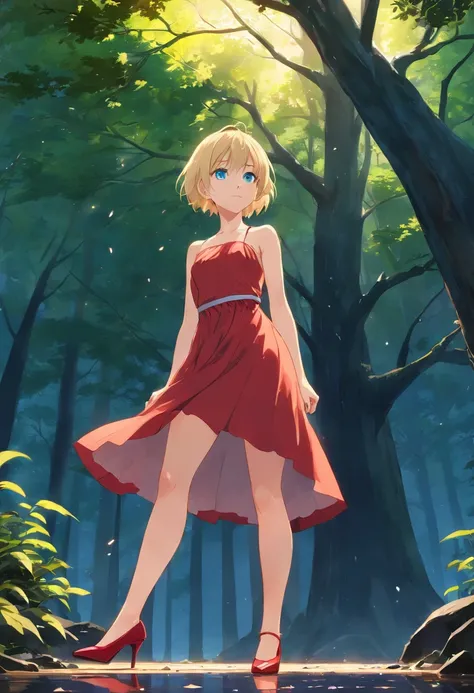 17 years old Women, ((Blonde)), ((Blue eyes)), ((Short hair)), ((Full Body)), in front of a dark tree, wearing a red short strapless dress, High heels , ((Full Body)). wet floor