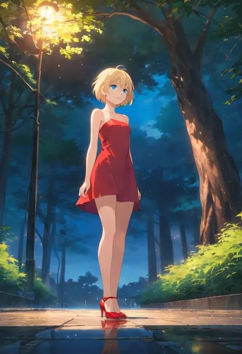 17 years old Women, ((Blonde)), ((Blue eyes)), ((Short hair)), ((Full Body)), in front of a dark tree, wearing a red short strapless dress, High heels , ((Full Body)). wet floor