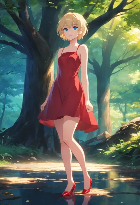 17 years old Women, ((Blonde)), ((Blue eyes)), ((Short hair)), ((Full Body)), in front of a dark tree, wearing a red short strapless dress, High heels , ((Full Body)). wet floor