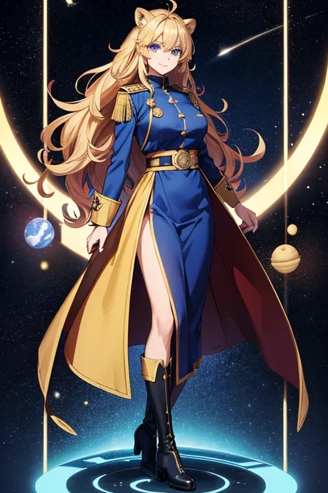 Anime Art、Full body portrait、Space SF General、A woman around 46 years old, standing upright, about 180cm tall, wearing a blue military uniform and with lion-like ears.、Wearing a gorgeous golden cloak、Bossy smile、Long, curly blonde hair、Blue Eyes、gloveilita...